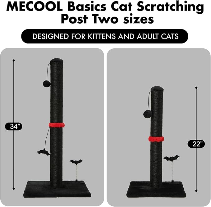 MECOOL Cat Scratching Post Premium Sisal Scratch Posts with Hanging Ball Vertical Scratcher for Indoor Cats and Kittens (Black, 22 inches for Kitten)
