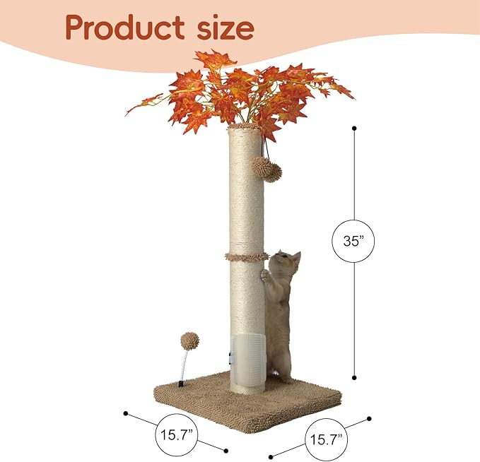 MECOOL Cat Scartching Post,35-inch Heavy Duty and Thicker Large Scartching Posts for Indoor Cats,Natural Sisal Rope and Hanging Ball Toy, Self-Grooming Brush,Beige