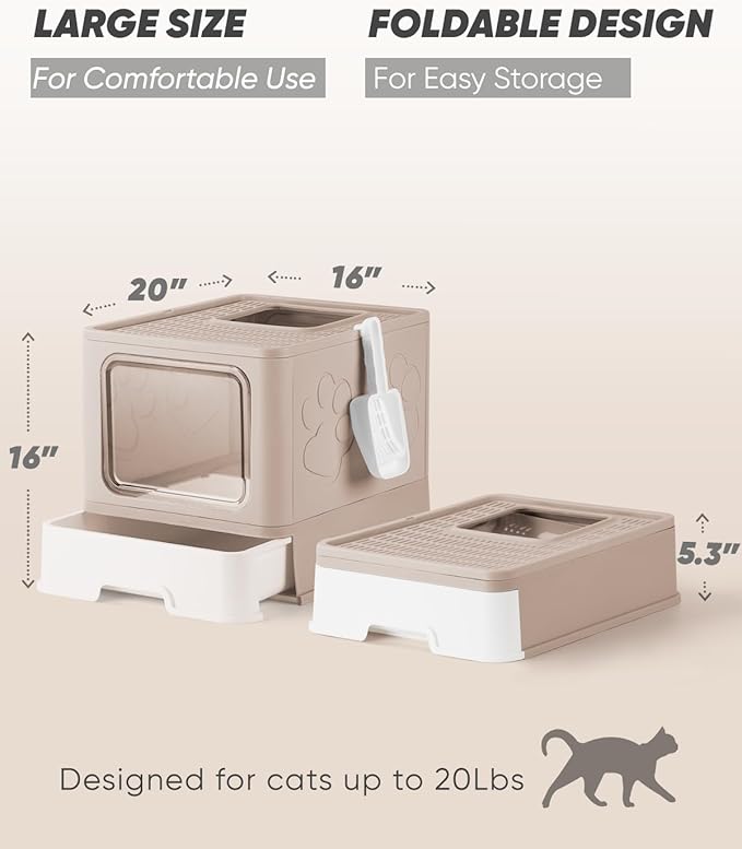 Enclosed Litter Box with Lid, X-Large Foldable Cat Litter Box, Covered Kitty Litter Box, Two-Way Entry and Exit Cat Box with Scoop, Odor Control, Easy to Clean(Coffee)