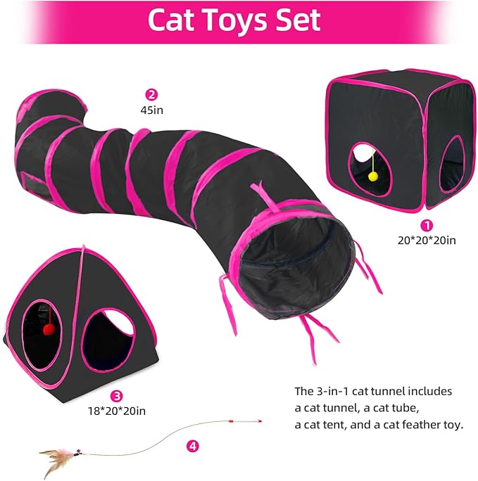 Cat Tunnels for Indoor Cats, Cat Tent, Cat Cube and Feather Cat Toy Collapsible Combo, with Interactive Cat Toy Ball, Cat Toy Set for Indoor Cat, Ferret, Guinea Pig, Rabbit, Bunny, Pink