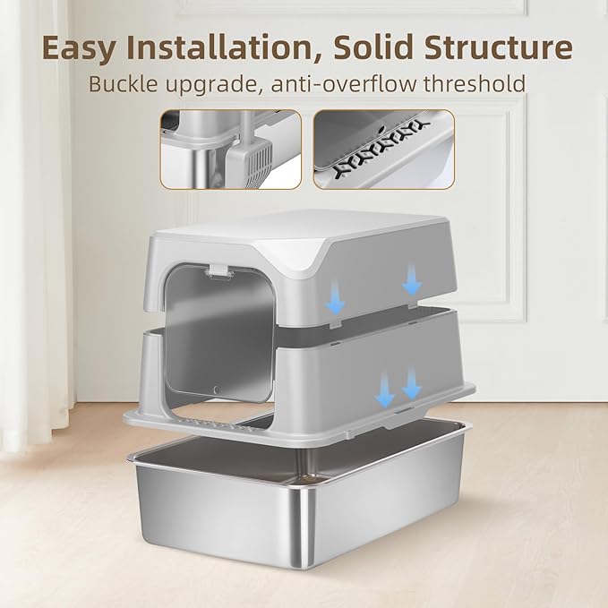 Stainless Steel Cat Litter Box with Lid, Extra Large Litter Box, Great for Large & Small Cat, Easy to Clean, Anti-Leakage, Non-Sticky, Multifunctional 2 in-1 Metal Cat Litter Box - Light Gray