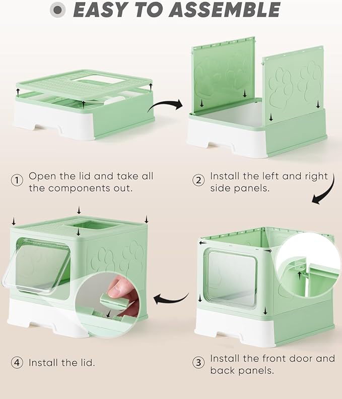 Enclosed Litter Box with Lid, X-Large Foldable Cat Litter Box, Covered Kitty Litter Box, Two-Way Entry and Exit Cat Box with Scoop, Odor Control, Easy to Clean(Green)