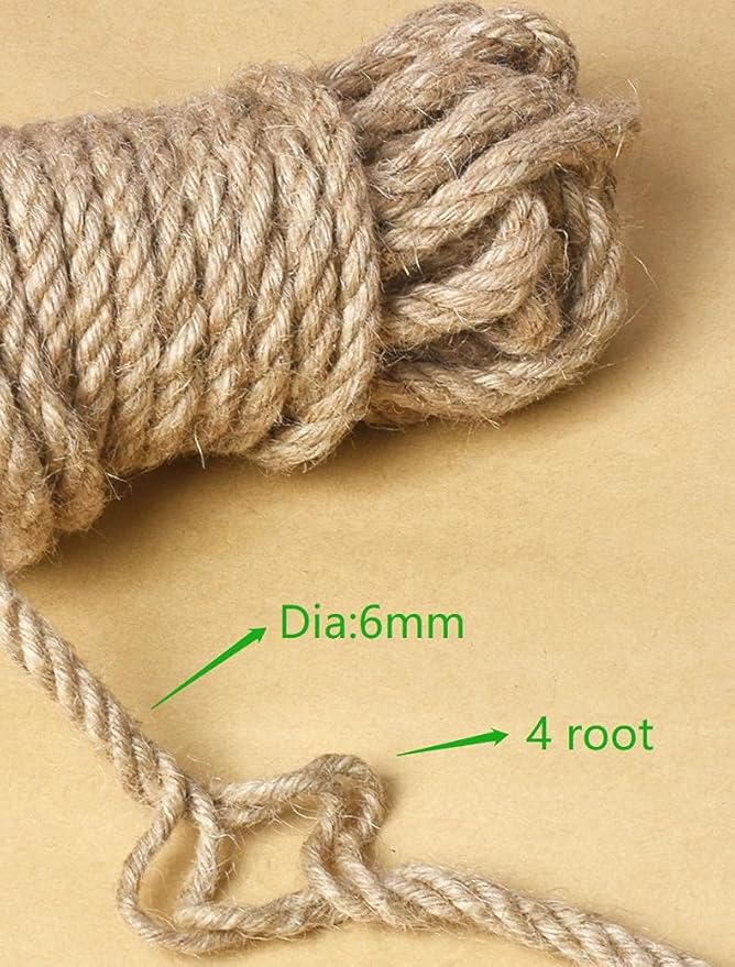 Nature Hemp Rope,1/4inch Heavy Duty Jute Twine for Cat Tree and Tower, DIY Scratcher Scratching Post Replacement, Pad, Crafts Gardening Hammock Home Decorating(33FT)