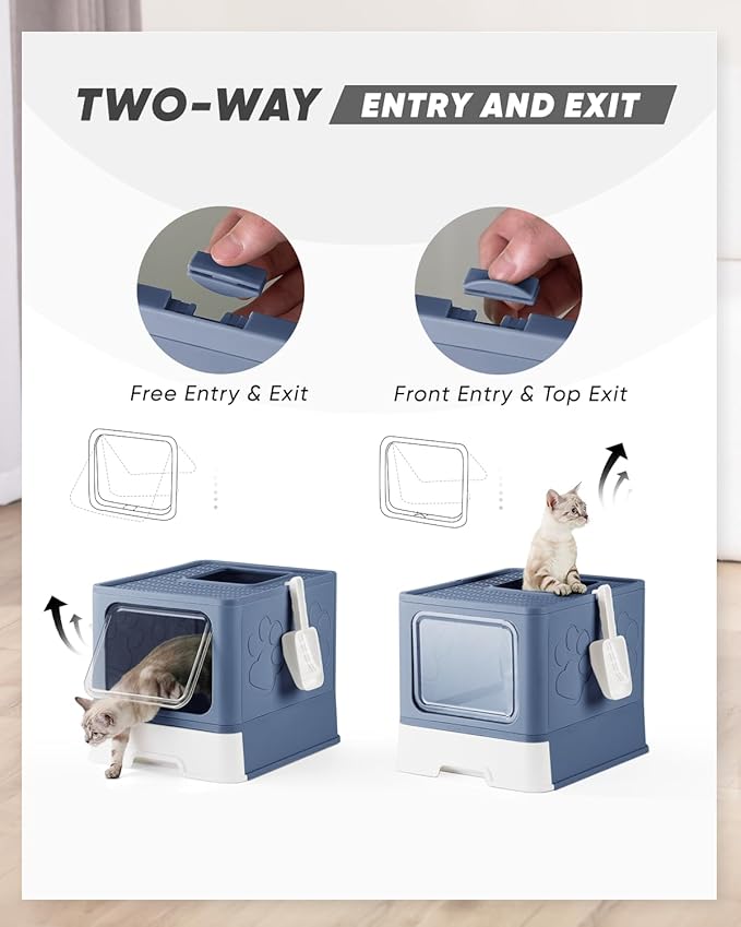 Enclosed Litter Box with Lid, X-Large Foldable Cat Litter Box, Covered Kitty Litter Box, Two-Way Entry and Exit Cat Box with Scoop, Odor Control, Easy to Clean(Blue)