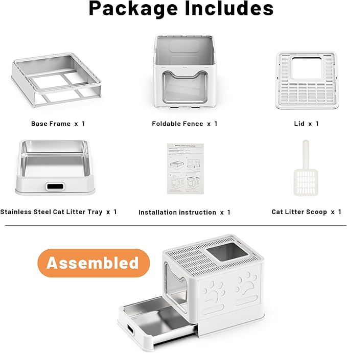 Foldable Enclosed Stainless Steel Cat Litter Box with Lid, High Wall Sides, Non-Sticky, Anti-Leakage, Easy Cleaning (Gray)