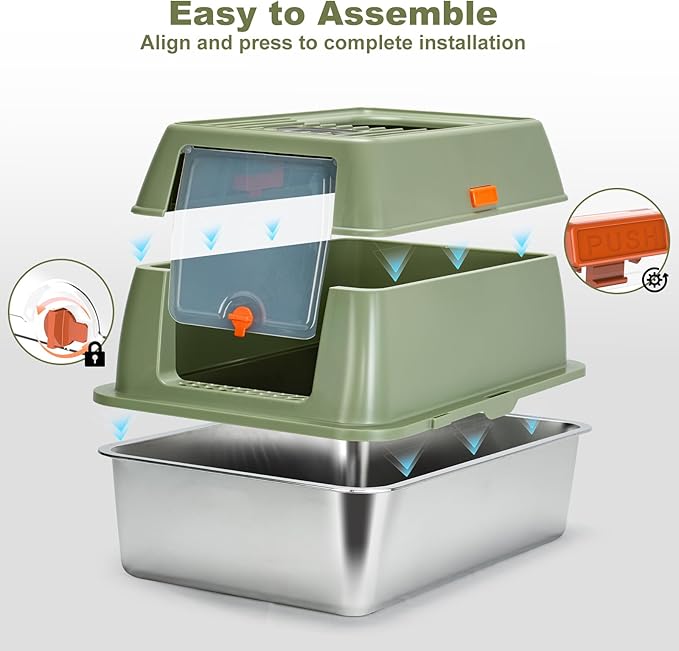 Stainless Steel Litter Box with Lid Cat XXL Metal Front Entry Top Kitty Litter Box,High Side Enclosed Cat Litter Box for Big Cats and Kittens,Extra Large Litter Box with Scoop