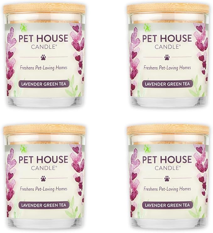 One Fur All Pet House Lavender Green Tea Candles Plant-Based/Soy Candle - Clean Burning Scented Candles, Long Lasting Pet Odor Candle for Home - 4 Pack