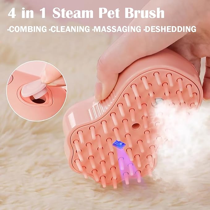 Cat Steam Brush,4 in 1 Spray Cat Brush, Pets Grooming Brush for Shedding, Portable Pet Hair Removal Tool For Cats and Dogs, Pets Steamy Brush,Pink