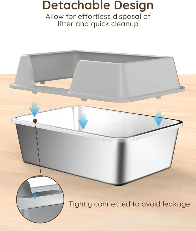Stainless Steel Litter Box - Cat Metal Litter Box with Splash-Proof Lid, Easy Cleaning & Odor-Less Stainless Steel Cat Litter Box with Double Layer Litter Mat, Litter Scoop, Brush, 20” x14”