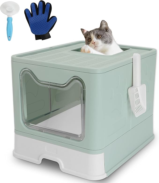 ROCCS Foldable Cat Litter Box with Lid,No Smell Large Top Entry Litter Box with Cat Litter Scoop,Covered Drawer Type Kitty Potty,Including Fur Brush & Cleaning Glove,Blue 20" x 16" x 15"