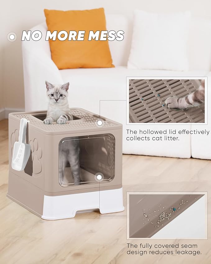 Enclosed Litter Box with Lid, X-Large Foldable Cat Litter Box, Covered Kitty Litter Box, Two-Way Entry and Exit Cat Box with Scoop, Odor Control, Easy to Clean(Coffee)