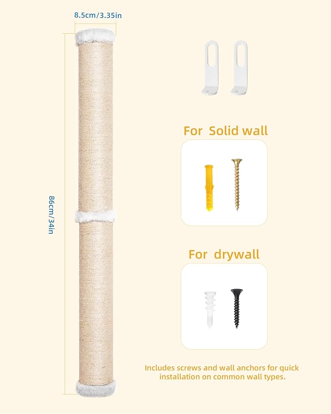 Cat Wall Scratcher, 2-Pack, 34" Sisal Cat Scratching Post, Wall Mounted Cat Furniture for Indoor Cats
