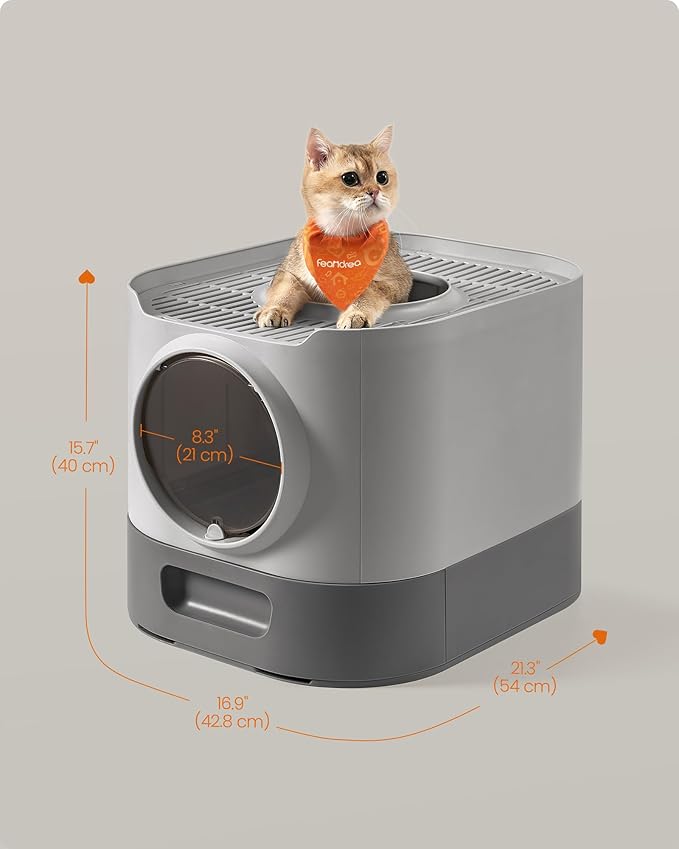 Feandrea Cat Litter Box with Lid, XL Enclosed Litter Box with Slide-Out Tray, Scoop, Brush, Anti-Tracking, for Cats of Different Sizes, Dove Gray and Slat Gray UPPT002B01