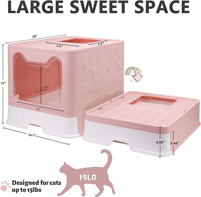 Foldable Cat Litter Box with Lid, Enclosed Cat Potty, Top Entry Anti-Splashing Cat Toilet, Easy to Clean Including Cat Litter Scoop and 2-1 Cleaning Brush (Pink) Large