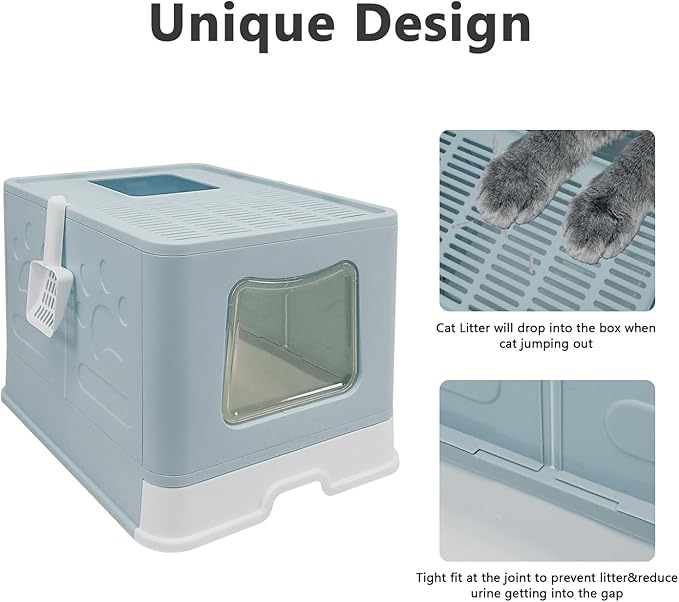 Foldable XL Cat Litter Box with Lid, Jumbo Enclosed Cat Potty, Top Entry Anti-Splashing Cat Toilet, Easy to Clean Including Cat Litter Scoop and 2-1 Cleaning Brush (Blue) Extra Large