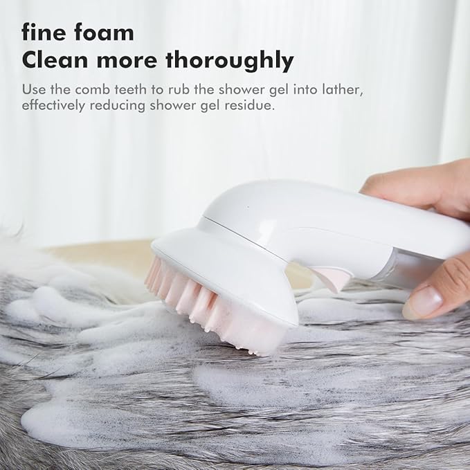 Pet Bath Brush Shampoo Dispenser for Cats Dogs, Cat Clean & Massage Brush With Soft Silicone Bristles for Pet Grooming Washing (White & Pink)