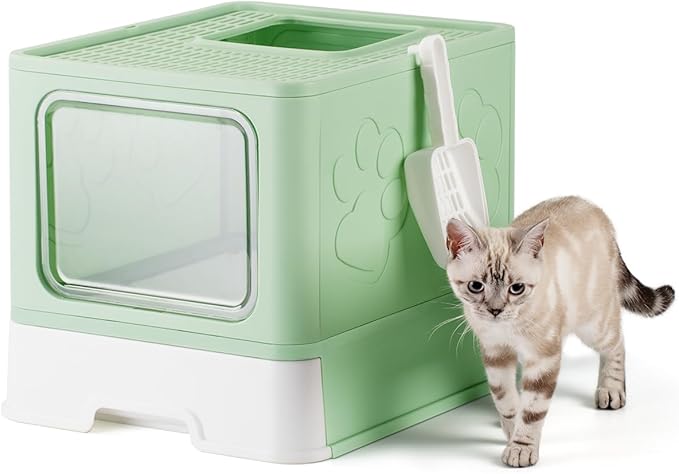 Enclosed Litter Box with Lid, X-Large Foldable Cat Litter Box, Covered Kitty Litter Box, Two-Way Entry and Exit Cat Box with Scoop, Odor Control, Easy to Clean(Green)