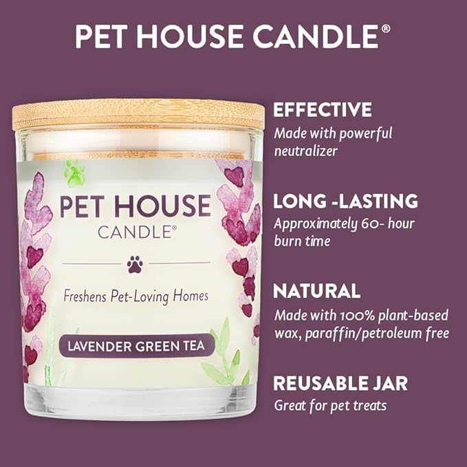 One Fur All Pet House Lavender Green Tea Candles Plant-Based/Soy Candle - Clean Burning Scented Candles, Long Lasting Pet Odor Candle for Home - 4 Pack