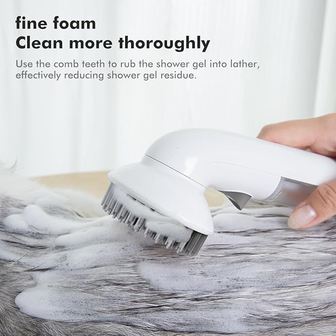 Pet Bath Brush Shampoo Dispenser for Cats Dogs, Cat Clean & Massage Brush with Soft Silicone Bristles for Pet Grooming Washing (White & Grey)