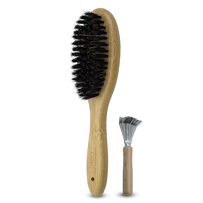 Cat & Dog Brush with Boar Bristle, Professional Grade Daily Grooming Hairbrush for Soft Hair and Healthy Shine, Short Haired Dogs Hair Brush for Reducing Shedding with Brush Cleaner