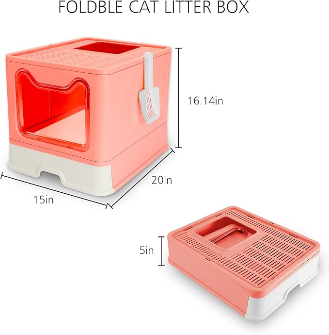 ROCCS Foldable Pink Cat Litter Box with Lid,No Smell Large Top Entry Litter Box with Cat Litter Scoop,Covered Drawer Type Kitty Potty,Including Fur Brush & Cleaning Glove, 20" x 16" x 15"