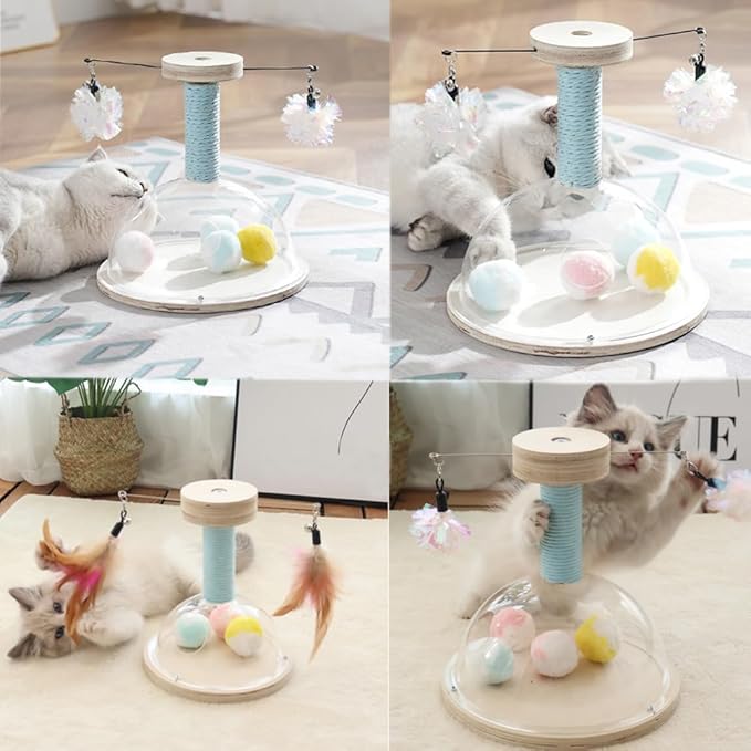 Marchul Cat Scratching Post with Hanging Ball, Wooden Cat Fetch Ball Toy, Sisal Scratcher Interactive Kitten Fun Track Toy for Indoor Cats Physical Exercise,M