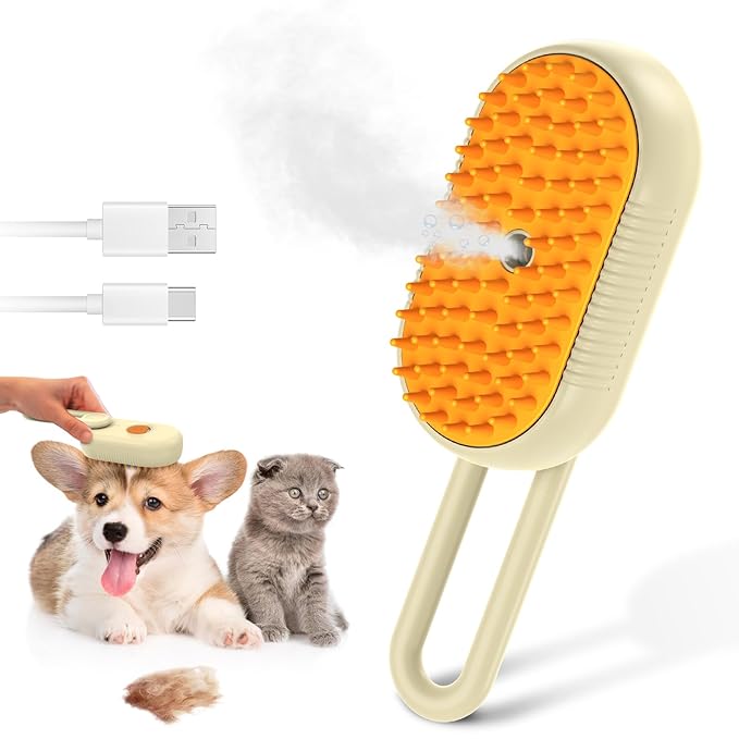 ORIA Cat Steam Brush, 3 in 1 Pet Spray Comb, Self Cleaning Steam Dog Cat Brush, Rechargeable Silicone Grooming Tool with Concealed Handle for Shedding, Hair Removal, Pet Massage
