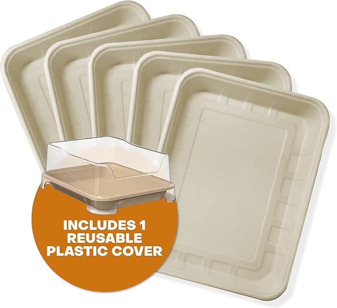 5-Pack Disposable Litter Boxes, Includes 1 Reusable Plastic Splash Shield. Low Entry for Senior Cats, Travel, Guinea Pigs, or Rabbits