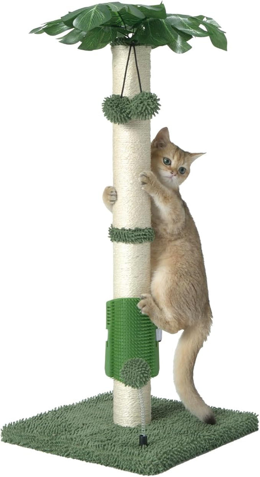 MECOOL Cat Scartching Post,30-inch Cute Scartching Posts for Indoor Cats and Kittens,Natural Sisal Rope and Hanging Ball Toy, Self-Grooming Brush,Green