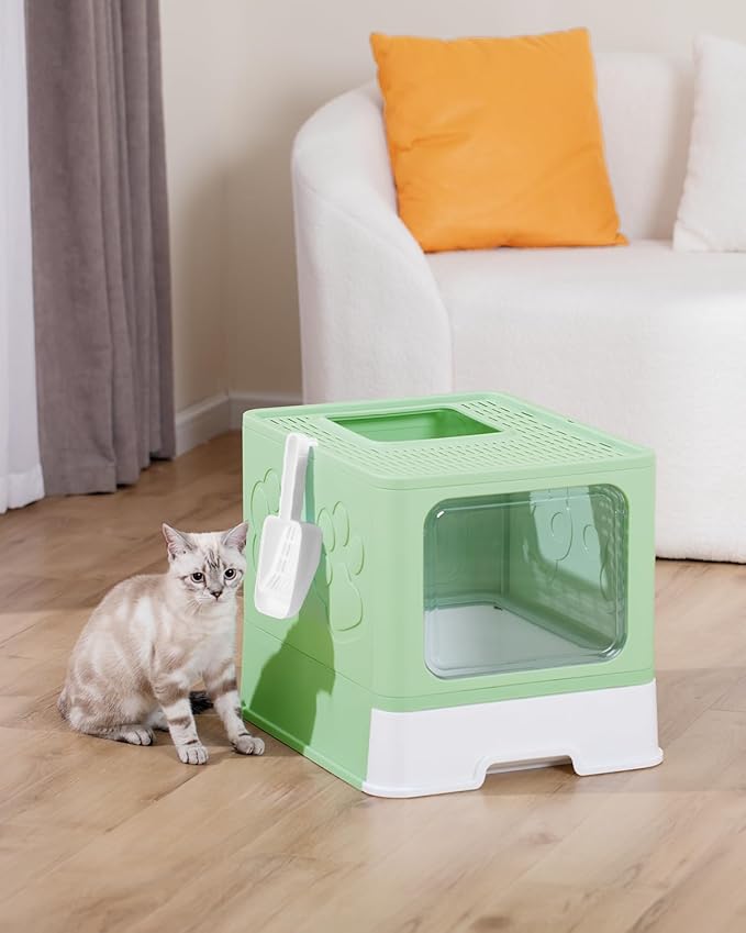 Enclosed Litter Box with Lid, X-Large Foldable Cat Litter Box, Covered Kitty Litter Box, Two-Way Entry and Exit Cat Box with Scoop, Odor Control, Easy to Clean(Green)