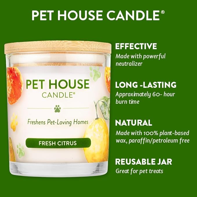 One Fur All Pet House Fresh Citrus Candles Plant-Based/Soy Candle - Clean Burning Scented Candles, Long Lasting Pet Odor Candle for Home - 4 Pack