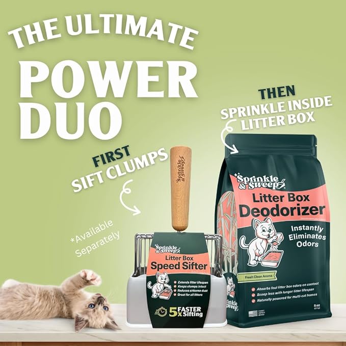 Sprinkle & Sweep Litter Box Deodorizer - Cat Litter Deodorizer Non Toxic and Safe for Kittens - Litter Deodorizer Instantly Eliminates Foul Litter and Urine Odors (1 Bag + Speed Sifter)