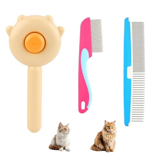 3pcs Pet Hair Cleaner Brush, Cat Brush with Release Button Magic Pet Comb Cat Shedding Brush Pet Massage Comb for Cats Dogs Removes Tangled Hair Long Hair