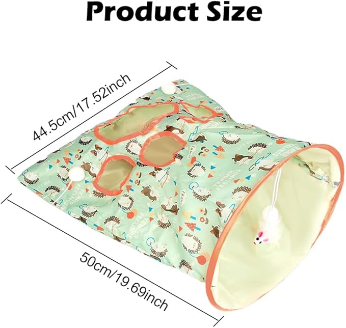 SYCOOVEN Cat Tunnel Bag for Indoor Cats, Pet Collapsible Tunnel Crinkle Sack Bag with 1 Little Mouse & Toy Ball, Crinkle Paper Interactive Cat Toys Hide and Seek(Green Pattern)