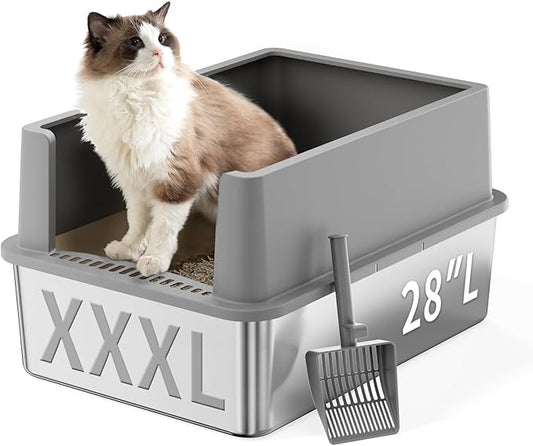 Extra Large 28" x 20" Litter Box Pan for Big Cats Maine Ragdoll Metal Large Enclosed Stainless Steel Litterbox with Lid Litter Scoop Gray, Non-Sticky, Anti-Leakage, Easy Cleaning
