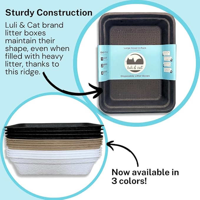 Luli & Cat Disposable Litter Boxes for Cats | Large Sized Black Colored 4-Pack | Durable and Water Resistant
