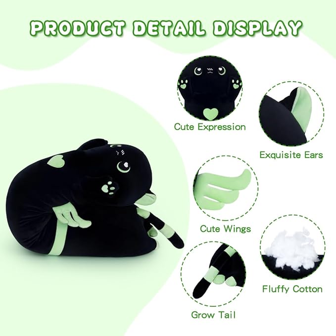 Long Plush Toy Cat Pillow Cute Plush Cat Toy Doll Stuffed Animal Cat Hugging Pillow for Sleeping Gift for Kids and Girls(Black&Green,110cm/43.3in)