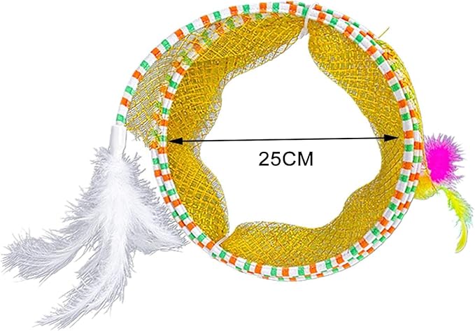 Cat Tunnel with Feather Portable Folding Elastic Mesh Spring Tunnels S Type Tunnel Cat Toy for Pet Supplies Accessories, Yellow