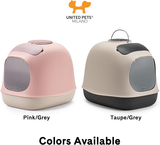 United Pets Minu Hooded Cat Litter Box | Includes Scoop and Filter | Top Entry Litter Box with Paw Pad and Refillable Plastic Bags | Crafted in Italy | 40 x 40 x h50 CM - Pink/Grey