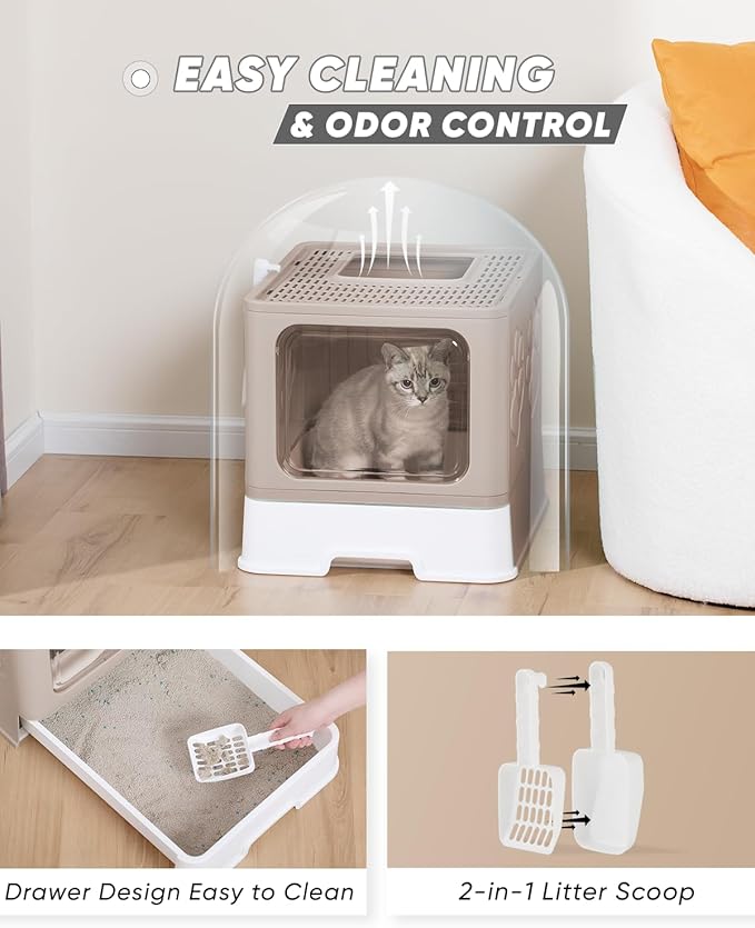 Enclosed Litter Box with Lid, X-Large Foldable Cat Litter Box, Covered Kitty Litter Box, Two-Way Entry and Exit Cat Box with Scoop, Odor Control, Easy to Clean(Coffee)