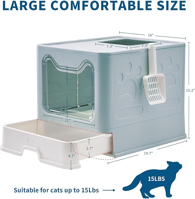 Cat Litter Box with Litter Mat and Scoop, Large Foldable Litter Box with Lid, Front Entry Top Exit Kitty Litter Box, Odor Control Easy Clean (Blue)