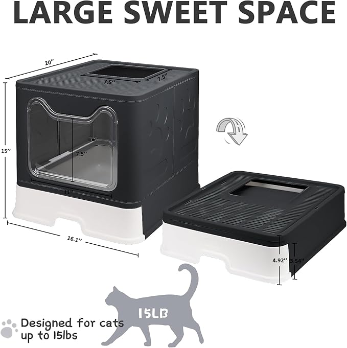 Foldable Cat Litter Box with Lid, Enclosed Cat Potty, Top Entry Anti-Splashing Cat Toilet, Easy to Clean Including Cat Litter Scoop and 2-1 Cleaning Brush (Black) Large