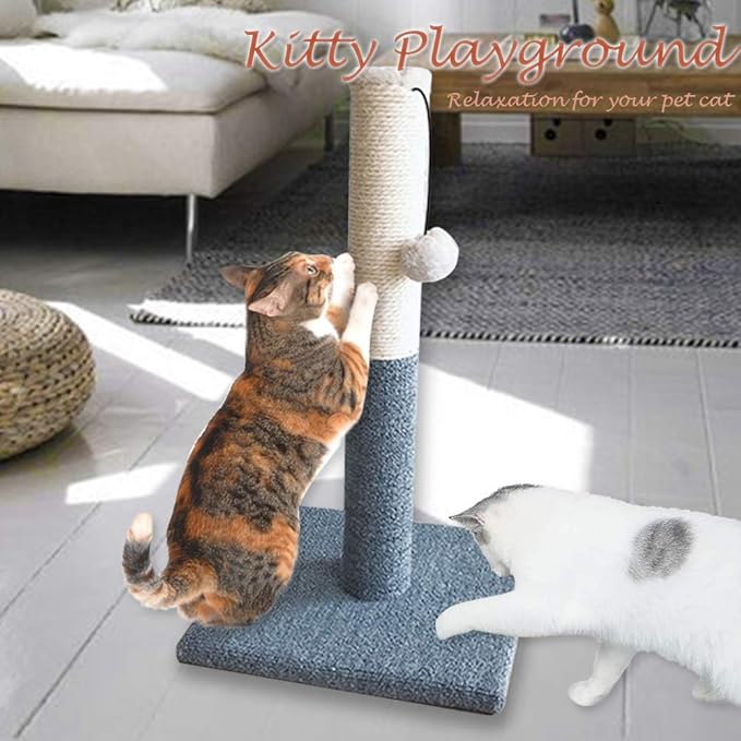 Barelove Cat Scratching Post Tower, Tall Cat Scratch Post, Natural Sisal Rope Scratcher Posts Refill for Indoor Cats, Carpet Cat Scratching Post with Replaceable Toys, Sturdy Base (Grey)