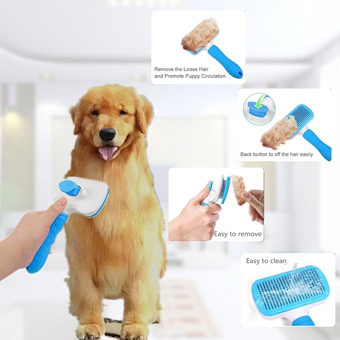 Cleaning Slicker Brush, Cat Brush with Release Button, Dog Shedding Brush for Grooming, Cat Comb Pet Massage Tool Suitable for Long or Short Pet Hair Cleaner, Removes Tangles & Loose Fur(Square)