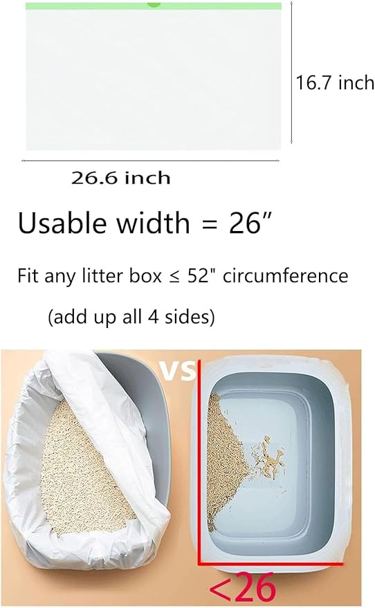 20 Count Cat Drawstring Litter Box Liners 26.6x16.7 inches 2Mils Super Thick White Cat Litter Waste Bags Poop Bags for Self-Cleaning Litter Box Cat Litter Pan Trays (Green Drawstring 20 count)