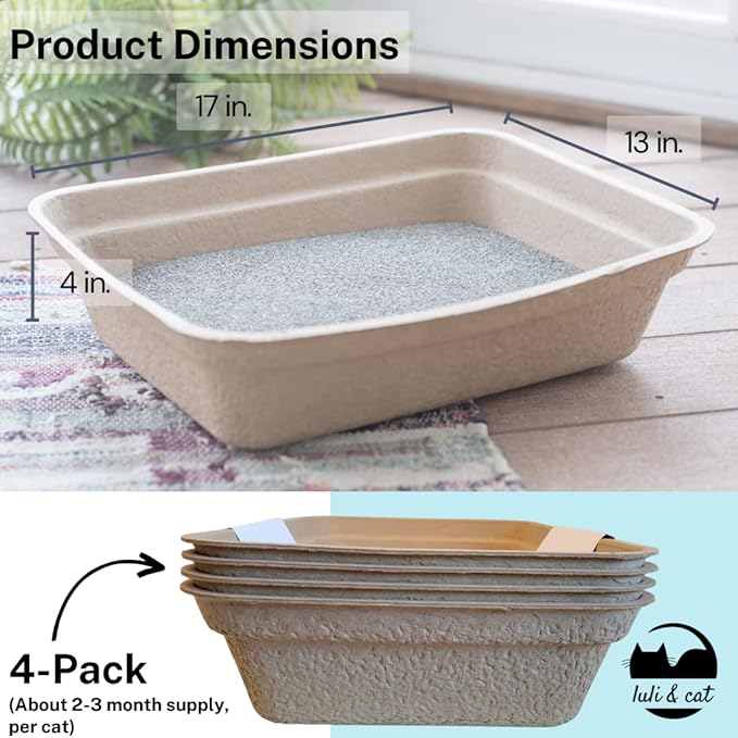 Luli & Cat Disposable Litter Boxes for Cats | Large Sized 4-Pack | Durable and Water Resistant