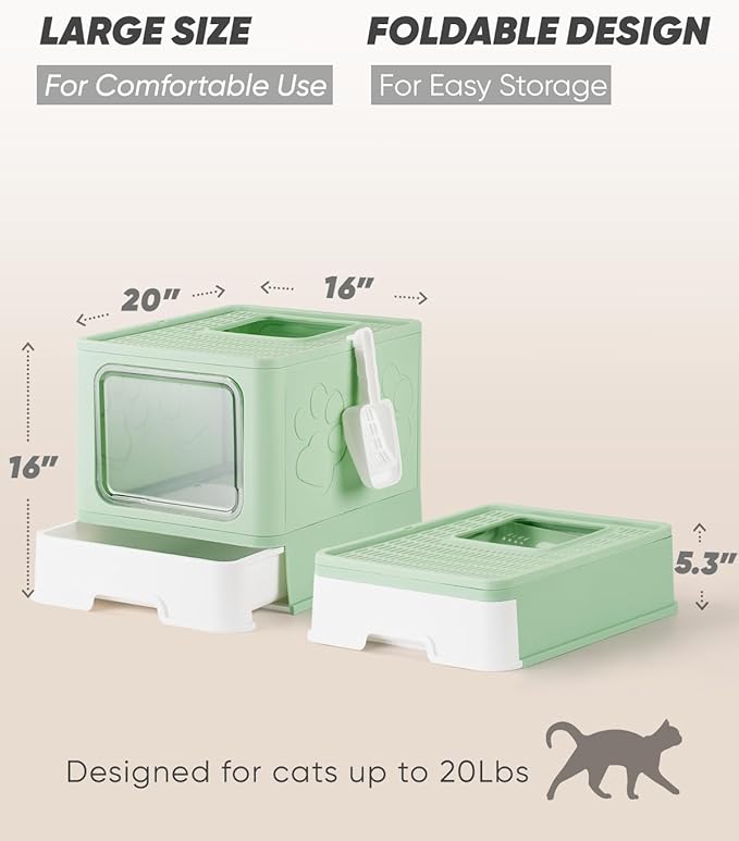 Enclosed Litter Box with Lid, X-Large Foldable Cat Litter Box, Covered Kitty Litter Box, Two-Way Entry and Exit Cat Box with Scoop, Odor Control, Easy to Clean(Green)
