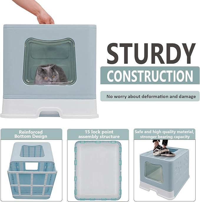Foldable XL Cat Litter Box with Lid, Jumbo Enclosed Cat Potty, Top Entry Anti-Splashing Cat Toilet, Easy to Clean Including Cat Litter Scoop and 2-1 Cleaning Brush (Blue) Extra Large