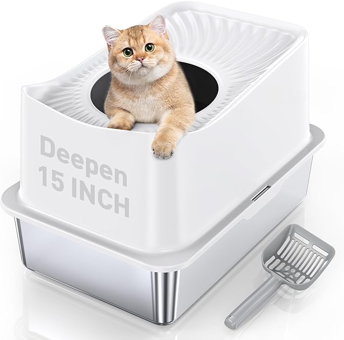 Stainless Steel Cat Litter Box, Large Top Entry Litter Box for Big Cats, Enclosed Kitty Litter Box with Lid, Metal Cat Litter Box Never Absorbs Odors, Easily Cleaning, Include Scoop