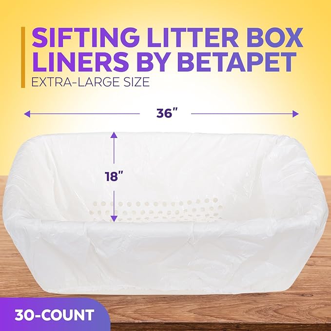 Sifting Litter Box Liners- 30-Count Elastic Cat Pan Liners for Large, Extra Large, Giant, and Extra Giant Litter Box - 36" x 18" Universal Fit Quick Sifting Cat Litter Bags